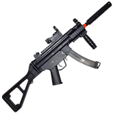 Black MP5K gel blaster featuring a 160-round magazine, LED tactical sight, and durable nylon construction.